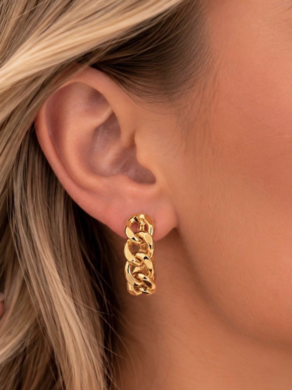 Chain Link Hoop Earrings - 14K Gold Plated Women Jewelry - NEW! - Picture 5 of 5